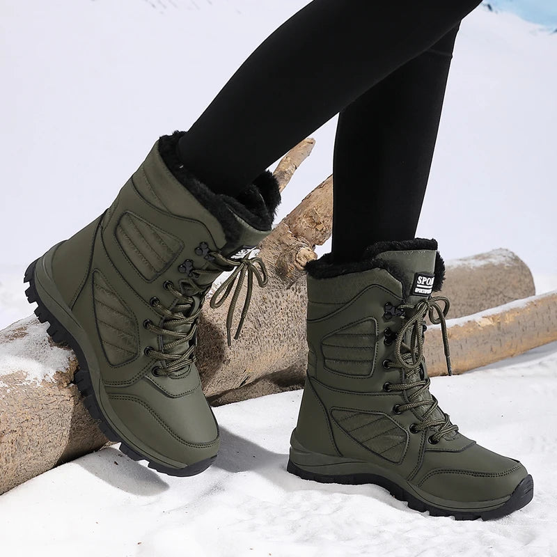 Bottes de neige à la mode pour femmes, design de couleur unie, style bout rond, couche extérieure en fibre ultra-fine, doublure en tissu, semelle en caoutchouc, t