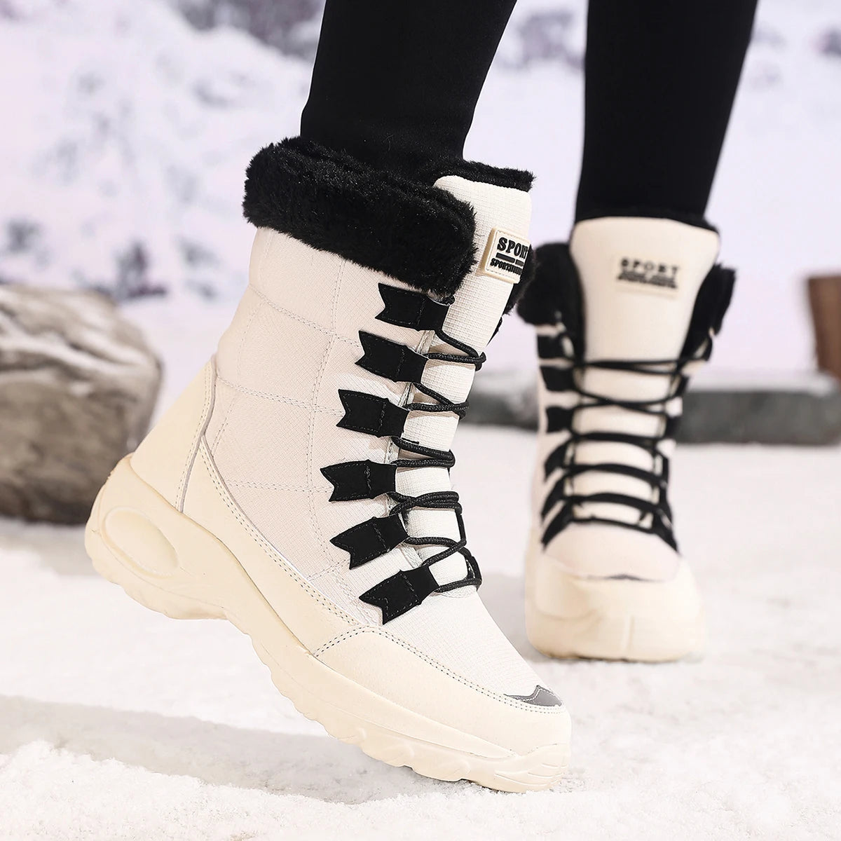 Chaussures d'hiver imperméables sans lacet femmes confortables en plein air cheville bottes de randonnée femmes bottes hautes plate-forme fourrure bottes de neige chaudes
