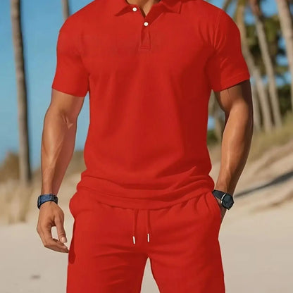 Ensemble chemise et Short à revers en maille pour hommes, décontracté, plage, été, confortable, respirant, ample, couleur unie,