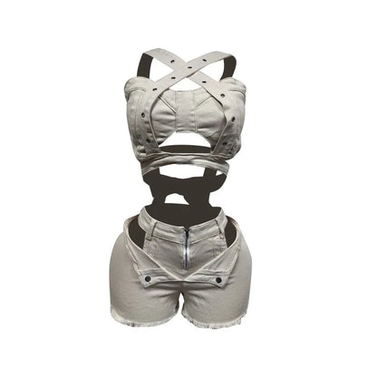 Ensemble court en Jean Sexy pour femmes, haut court en Denim à bretelles et Short découpé, vêtements d'été, Streetwear, deux tenues de Club 2 pièces, 2025