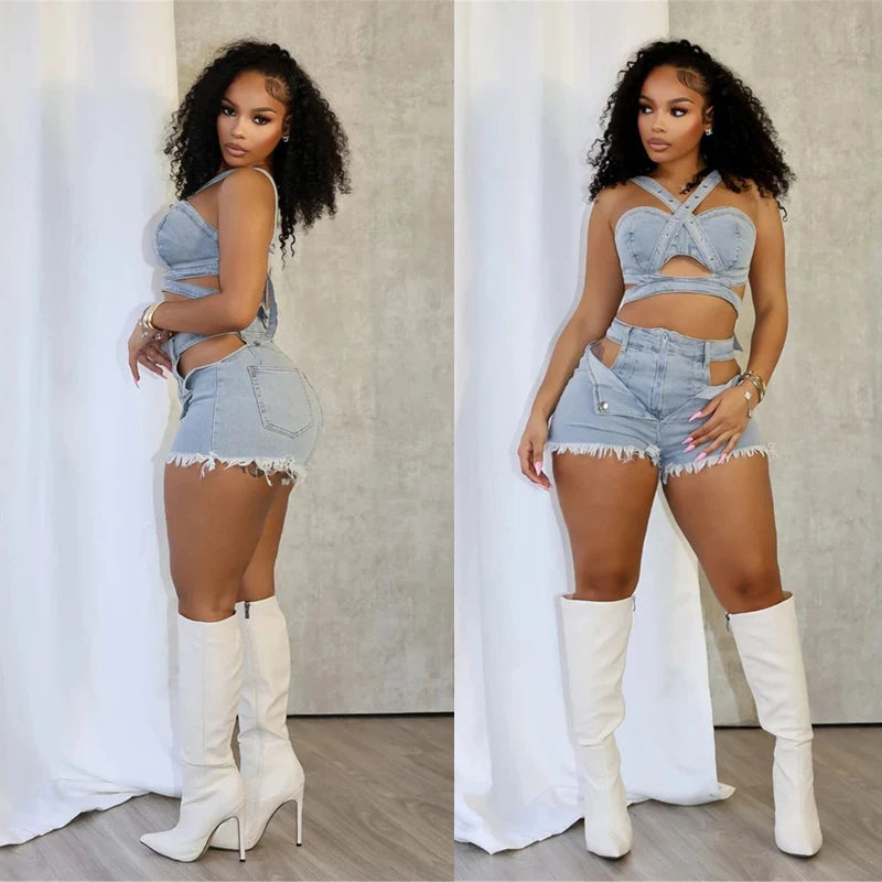 Ensemble court en Jean Sexy pour femmes, haut court en Denim à bretelles et Short découpé, vêtements d'été, Streetwear, deux tenues de Club 2 pièces, 2025