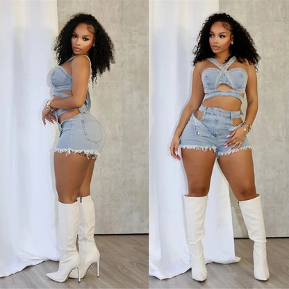 Ensemble court en Jean Sexy pour femmes, haut court en Denim à bretelles et Short découpé, vêtements d'été, Streetwear, deux tenues de Club 2 pièces, 2025