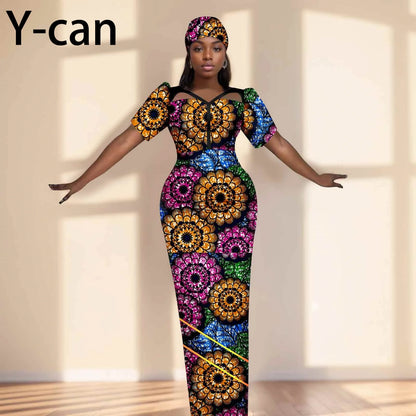 Robe de soirée robes africaines pour femmes coupe ajustée robe à manches courtes robes de soirée avec bandeau Dashiki Ankara imprimer 2525071