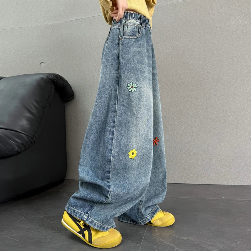 Jean Baggy pour enfants, Design à la mode, avec broderie de fleurs, pantalon en Denim décontracté à jambes larges pour adolescentes, pantalon tendance pour enfants