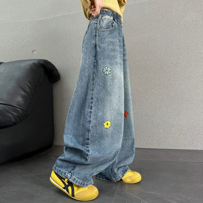 Jean Baggy pour enfants, Design à la mode, avec broderie de fleurs, pantalon en Denim décontracté à jambes larges pour adolescentes, pantalon tendance pour enfants