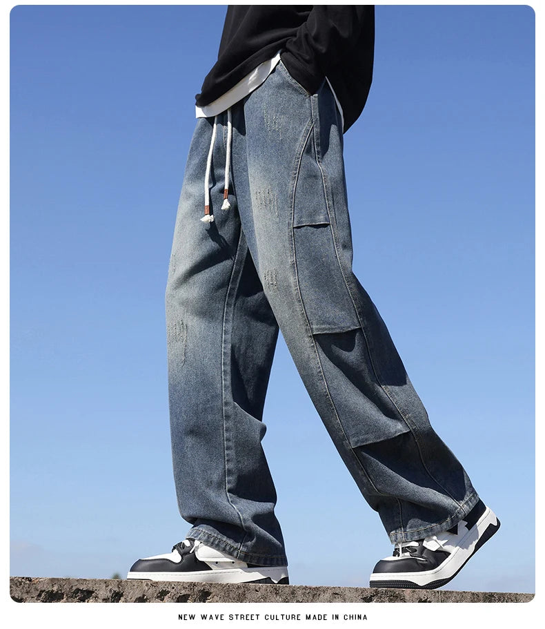 Jean pour hommes, style américain, vintage, délavé, épissage de plis, modèles de printemps et d'automne, pantalons droits amples