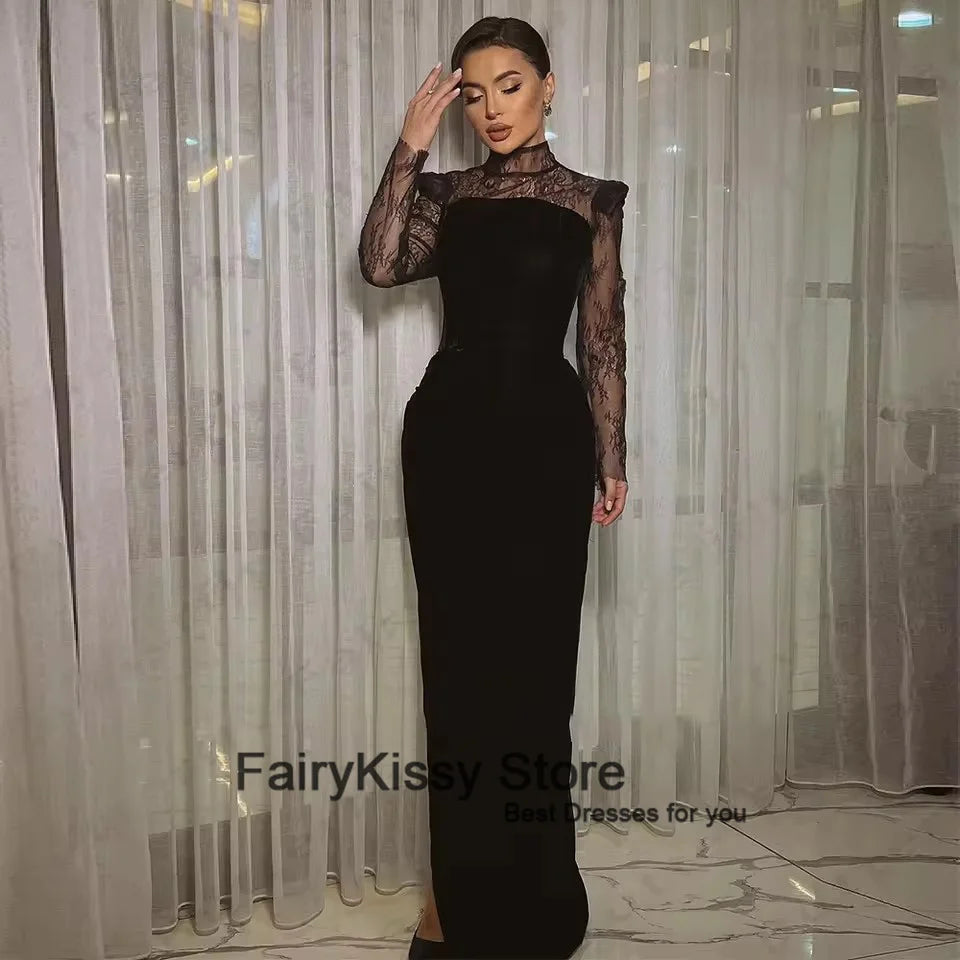 FairyKissy Black Velvet Women's Evening Dresses High Collar Long Sleeve Lace Stickers Princess Formal Prom Gowns