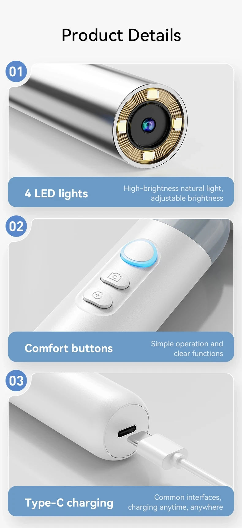 Caméra auriculaire visuelle, objectif 3.2mm, 1080P HD, contrôle de la bouche et du nez avec 4 lumières pour enfants et adultes, Support pour animaux de compagnie, prise de photos, connexion PC