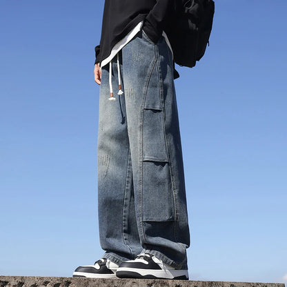 Jean pour hommes, style américain, vintage, délavé, épissage de plis, modèles de printemps et d'automne, pantalons droits amples