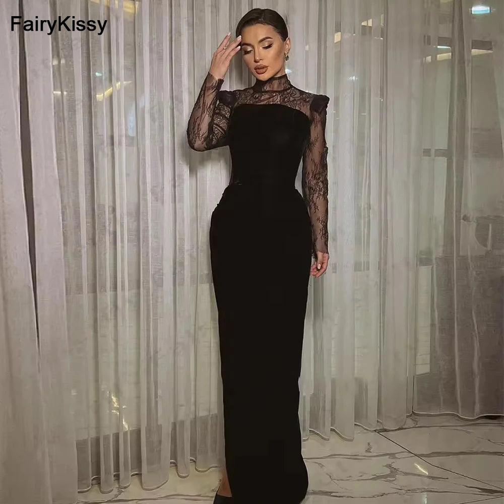 FairyKissy Black Velvet Women's Evening Dresses High Collar Long Sleeve Lace Stickers Princess Formal Prom Gowns