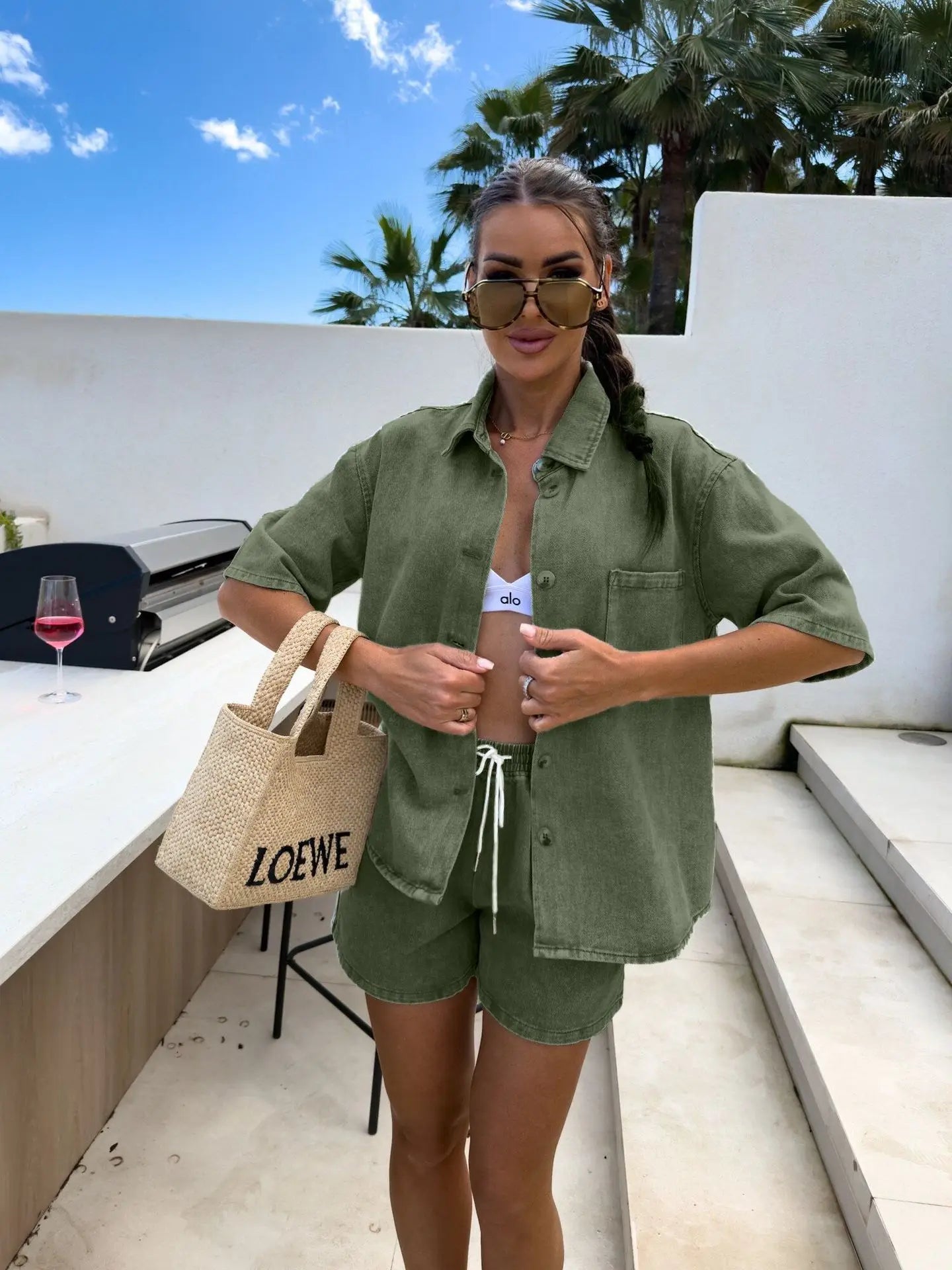 2025 Summer Women's Fashion Casual Loose Short Sleeve Shirt Denim Shorts Set Ensemble Femme 2 Pièces Été