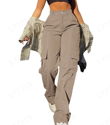 Women's Loose Cargo Pants High Waist Wide Leg Solid Color Full Length Trousers With Pockets Casual All Seasons Long Pantalones