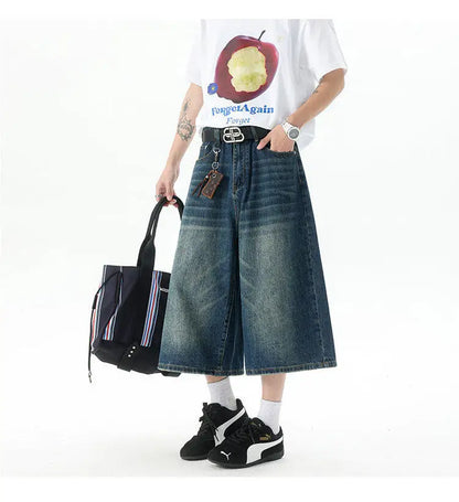 Trendy High-Waisted Wide-Leg Cropped Jeans for Men 2025 Summer Casual Stretch Denim Capri Pants Comfort Fit & Stylish Outfit 8XL