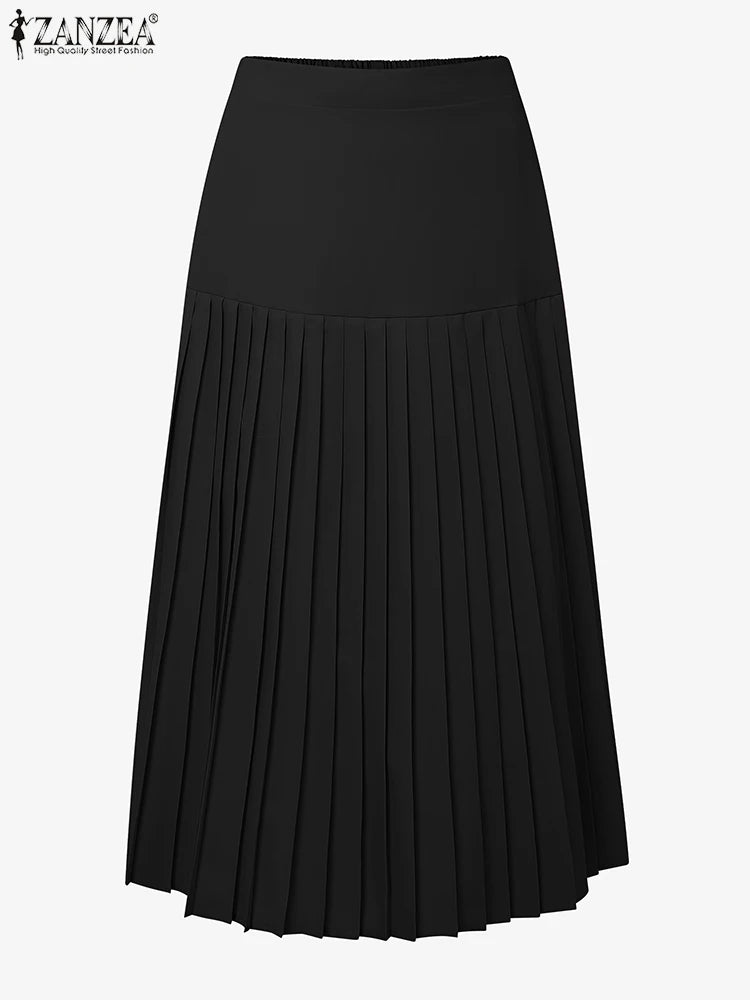 ZANZEA élégant a-ligne Jupes plissées femmes mode taille haute Patchwork Midi Faldas Mujer bureau déplacements solide Jupes Femme