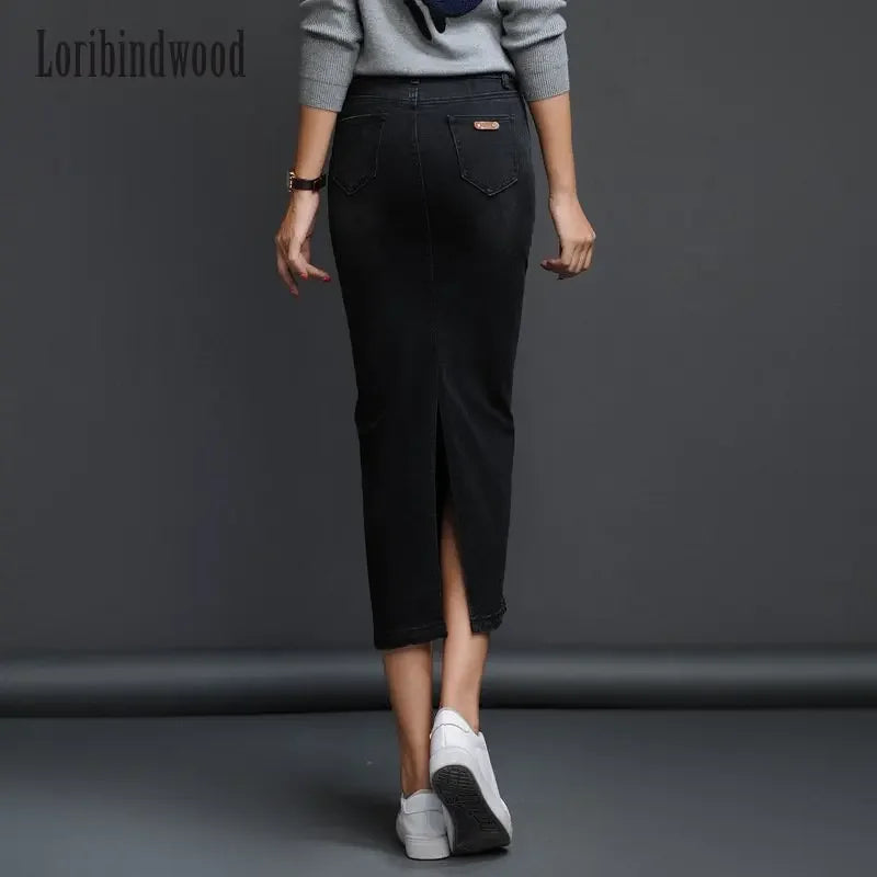 Classic Denim Women 2023 Long Jean Skirt High Waist Pencil Skirt Ladies Stretch Black Blue Faldas Largas Jupe Longue Femme