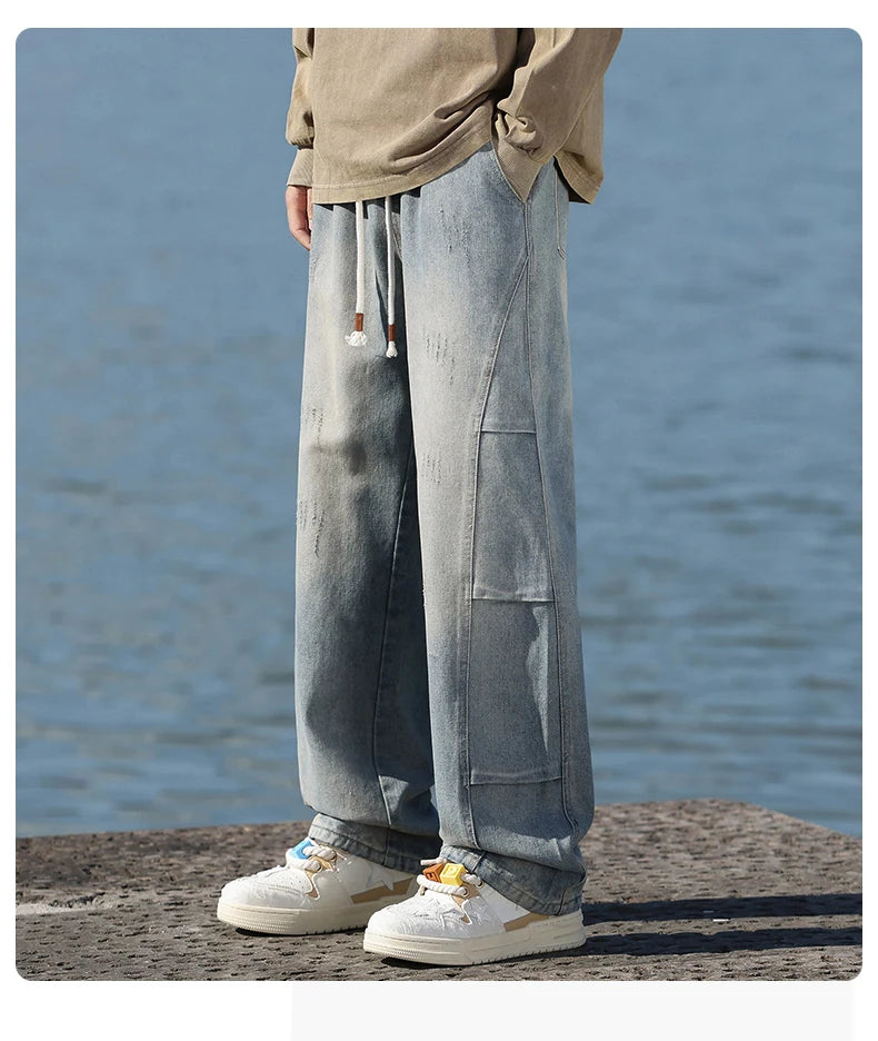 Jean pour hommes, style américain, vintage, délavé, épissage de plis, modèles de printemps et d'automne, pantalons droits amples