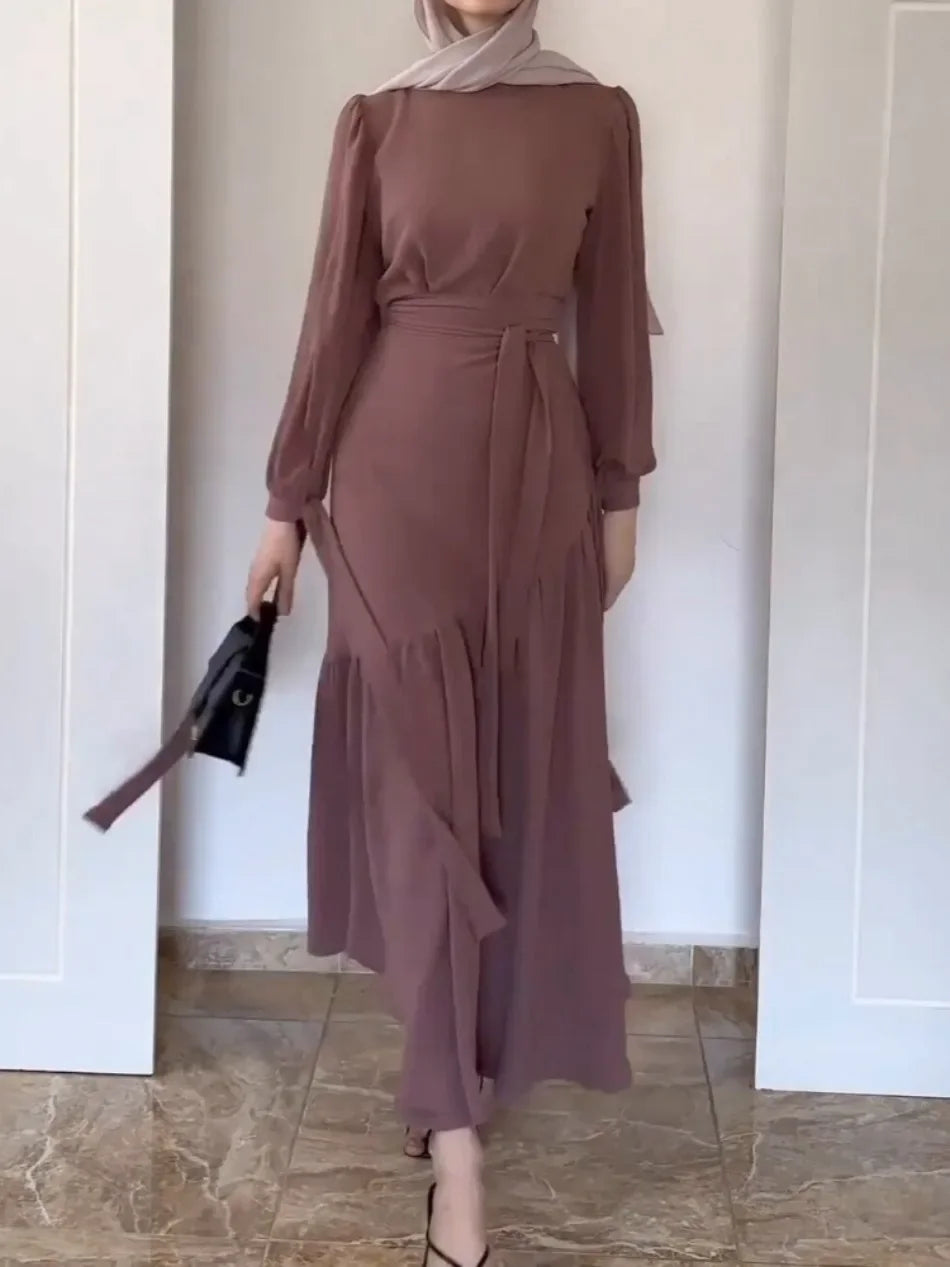 Women Eid Muslim Ensemble Two-Piece Set with Blouse And Skirt Islamic Kaftan Arab Casual Autumn Belted Ramadan Spliced Jalabiy