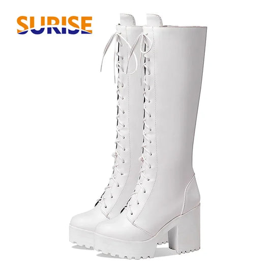 Bottes hautes britanniques pour femmes, blanc et noir, robe de soirée et de bureau, bout rond, talons bloc, fermeture éclair, longues bottes à plateforme d'équitation, hiver - DOGOMET DIGITAL PLUS