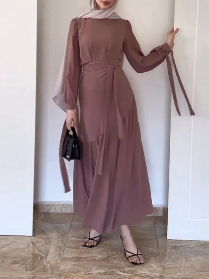 Women Eid Muslim Ensemble Two-Piece Set with Blouse And Skirt Islamic Kaftan Arab Casual Autumn Belted Ramadan Spliced Jalabiy
