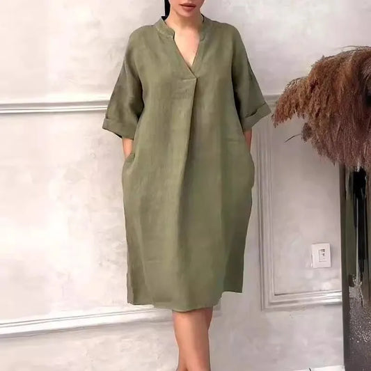 Fashion Cotton And Linen Women's V-neck Loose Dress 2025 Spring And Summer Solid Color Casual Short Sleeved Pocket Midi Dresses - DOGOMET DIGITAL PLUS