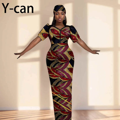 Robe de soirée robes africaines pour femmes coupe ajustée robe à manches courtes robes de soirée avec bandeau Dashiki Ankara imprimer 2525071