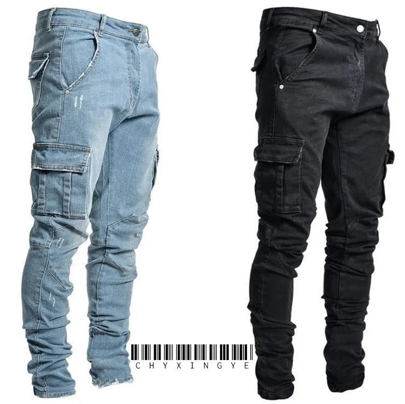 Nouveau jean hommes pantalon lavage couleur unie Multi poches Denim taille moyenne Cargo jean grande taille mode pantalon décontracté mâle usage quotidien