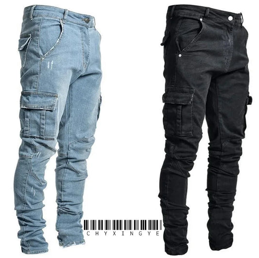 Nouveau jean hommes pantalon lavage couleur unie Multi poches Denim taille moyenne Cargo jean grande taille mode pantalon décontracté mâle usage quotidien