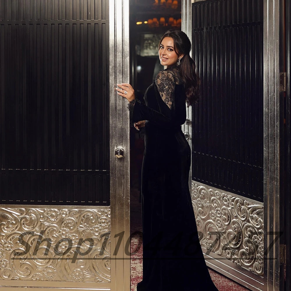 Customized Black O-neck Velour Mermaid Evening Dress ILLUSION Lace Full Sleeves Floor Length Party Prom Gown