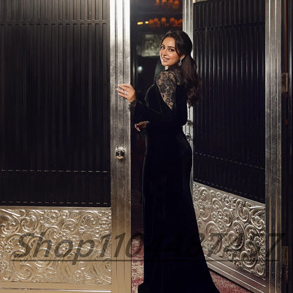 Customized Black O-neck Velour Mermaid Evening Dress ILLUSION Lace Full Sleeves Floor Length Party Prom Gown