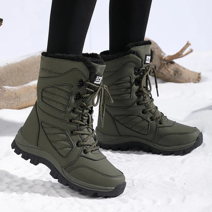 Bottes de neige à la mode pour femmes, design de couleur unie, style bout rond, couche extérieure en fibre ultra-fine, doublure en tissu, semelle en caoutchouc, t