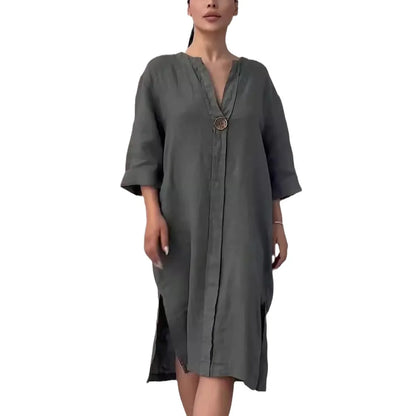 Women's New Cotton and Linen Solid Color Casual Round Neck Button Long Dress - DOGOMET DIGITAL PLUS