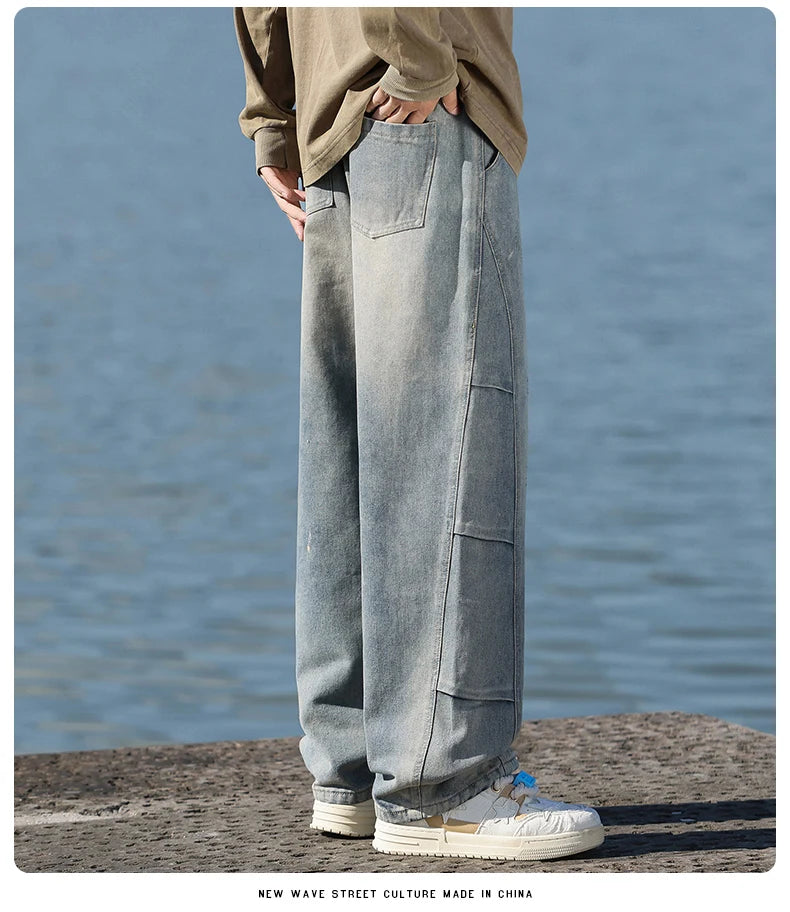 Jean pour hommes, style américain, vintage, délavé, épissage de plis, modèles de printemps et d'automne, pantalons droits amples