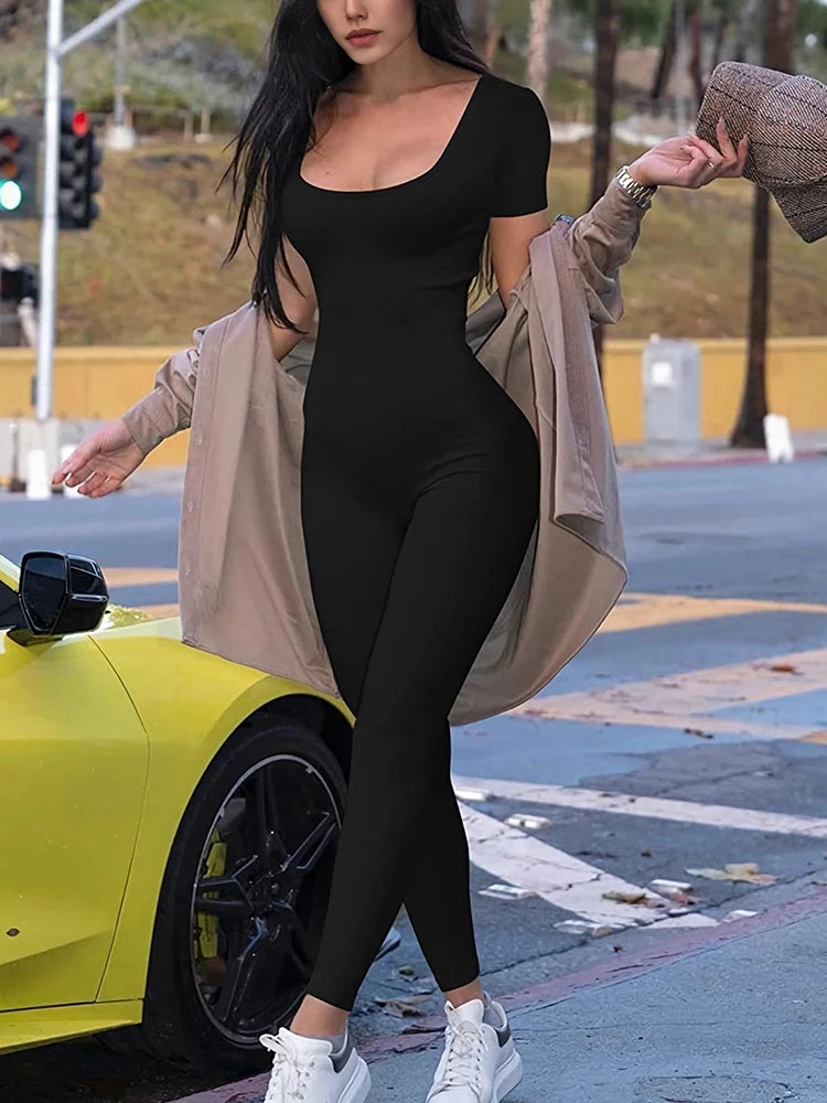 Barboteuse à manches courtes pour femmes, couleur unie, slim, batterie con, combinaisons, sport, fitness, décontracté, activité, streetwear, salopette