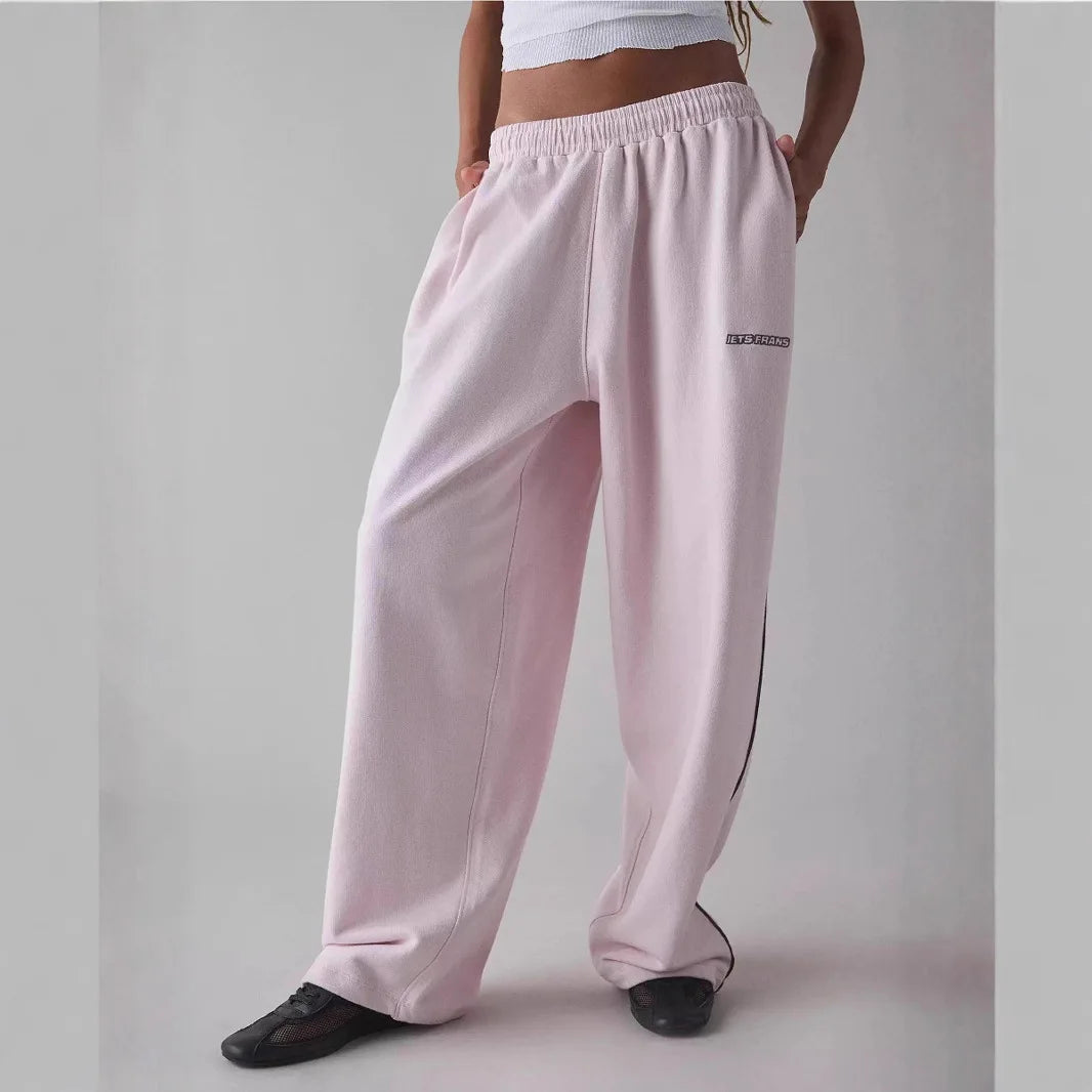 Pantalones Casuales nouveau pantalon décontracté brodé rose pour femmes pantalon droit taille élastique ample et confortable 2025 nouveau