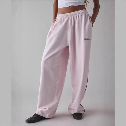 Pantalones Casuales nouveau pantalon décontracté brodé rose pour femmes pantalon droit taille élastique ample et confortable 2025 nouveau