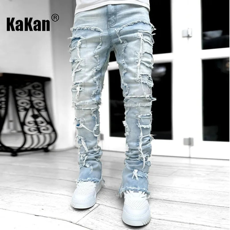 Kakan - New Men's Elastic Patch Jeans, Y2k Clothes Street Fashion Straight Leg Pants Long Jeans Jeans Man Brand - DOGOMET DIGITAL PLUS