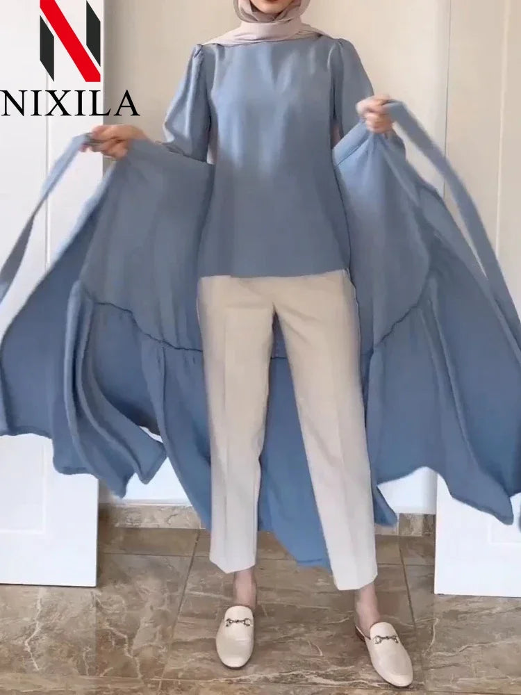 Women Eid Muslim Ensemble Two-Piece Set with Blouse And Skirt Islamic Kaftan Arab Casual Autumn Belted Ramadan Spliced Jalabiy