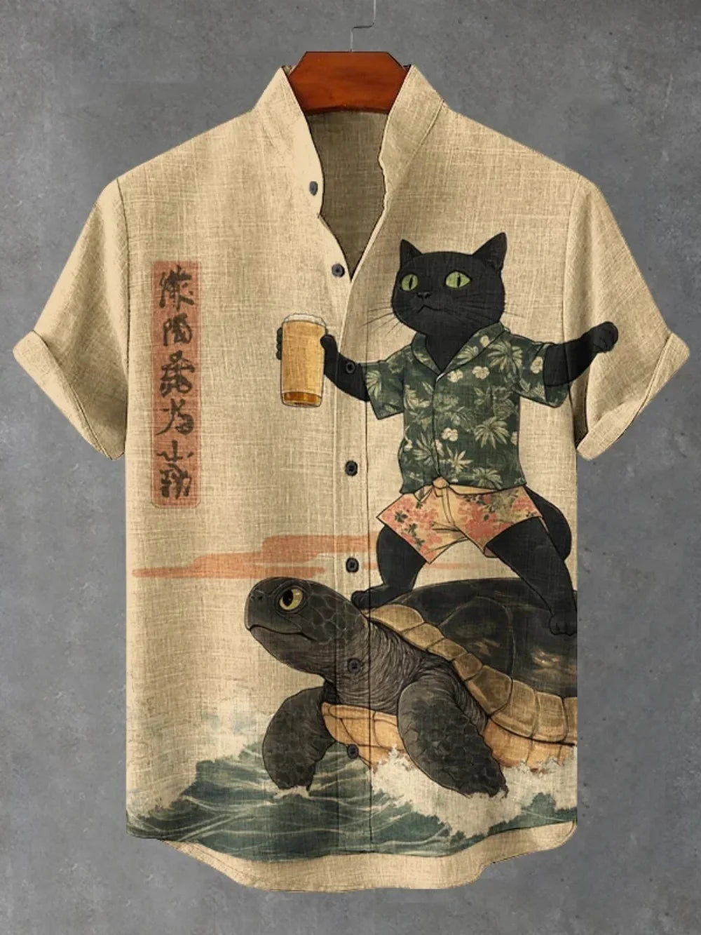 2025 nouvelle chemise à col montant pour hommes, chemise boutonnée cardigan imprimé samouraï japonais, chemise pour hommes à manches courtes en lin rétro
