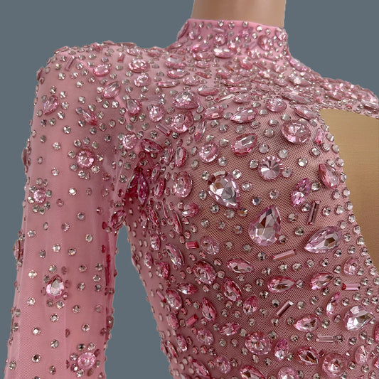 Rhinestones Pink  Jumpsuit Diamond bodysuit Women Birthday Celebriate Party Dancer Show Skinny Rompers Stage Wear