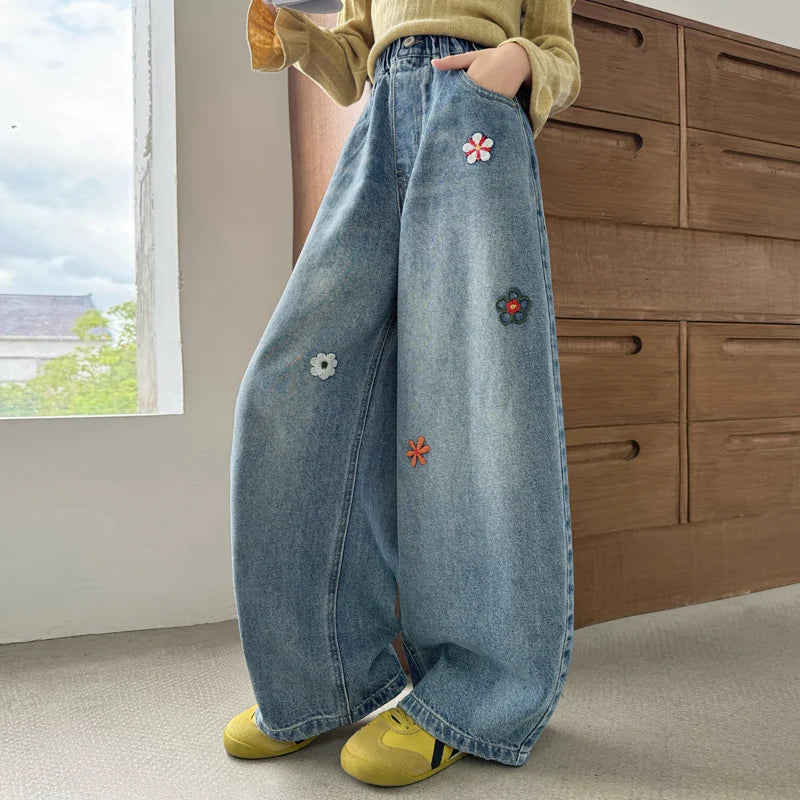 Jean Baggy pour enfants, Design à la mode, avec broderie de fleurs, pantalon en Denim décontracté à jambes larges pour adolescentes, pantalon tendance pour enfants