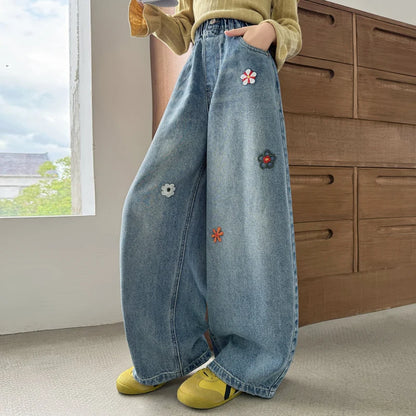 Jean Baggy pour enfants, Design à la mode, avec broderie de fleurs, pantalon en Denim décontracté à jambes larges pour adolescentes, pantalon tendance pour enfants