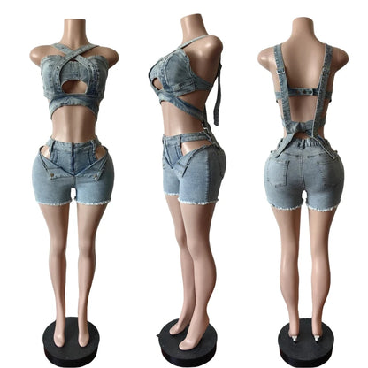 Ensemble court en Jean Sexy pour femmes, haut court en Denim à bretelles et Short découpé, vêtements d'été, Streetwear, deux tenues de Club 2 pièces, 2025