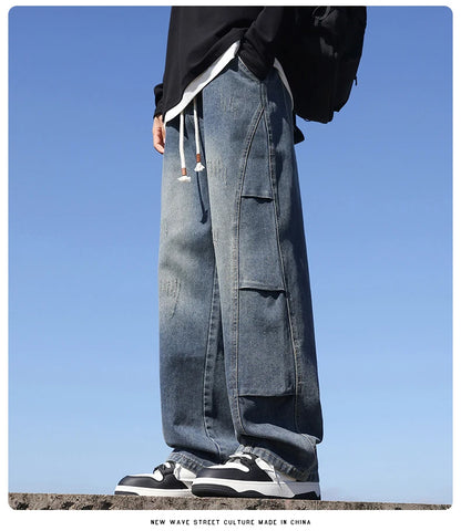 Jean pour hommes, style américain, vintage, délavé, épissage de plis, modèles de printemps et d'automne, pantalons droits amples