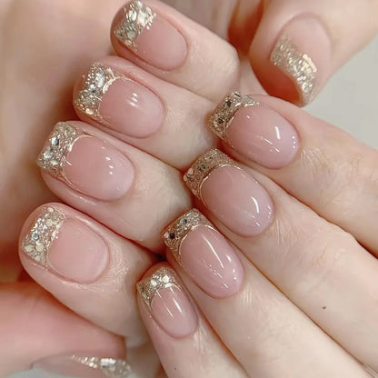 Faux ongles français à paillettes violettes et étoilées, avec strass, doux et Cool, à pression, couverture complète, pointes de manucure en acrylique, 24 pièces