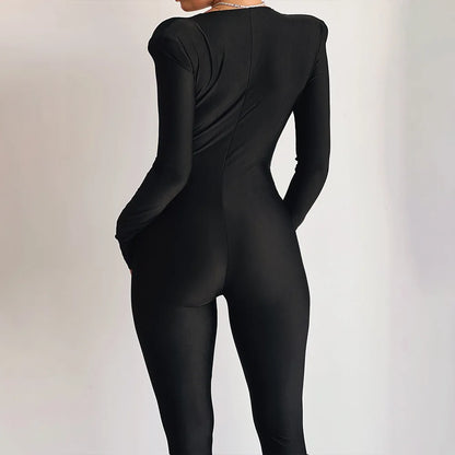 JUISSA MO Women Deep V Neck Ruched Jumpsuit Long Sleeve High Waist Playsuit Female Winter Battery Elegant Activewear Sexy