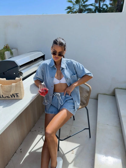 2025 Summer Women's Fashion Casual Loose Short Sleeve Shirt Denim Shorts Set Ensemble Femme 2 Pièces Été