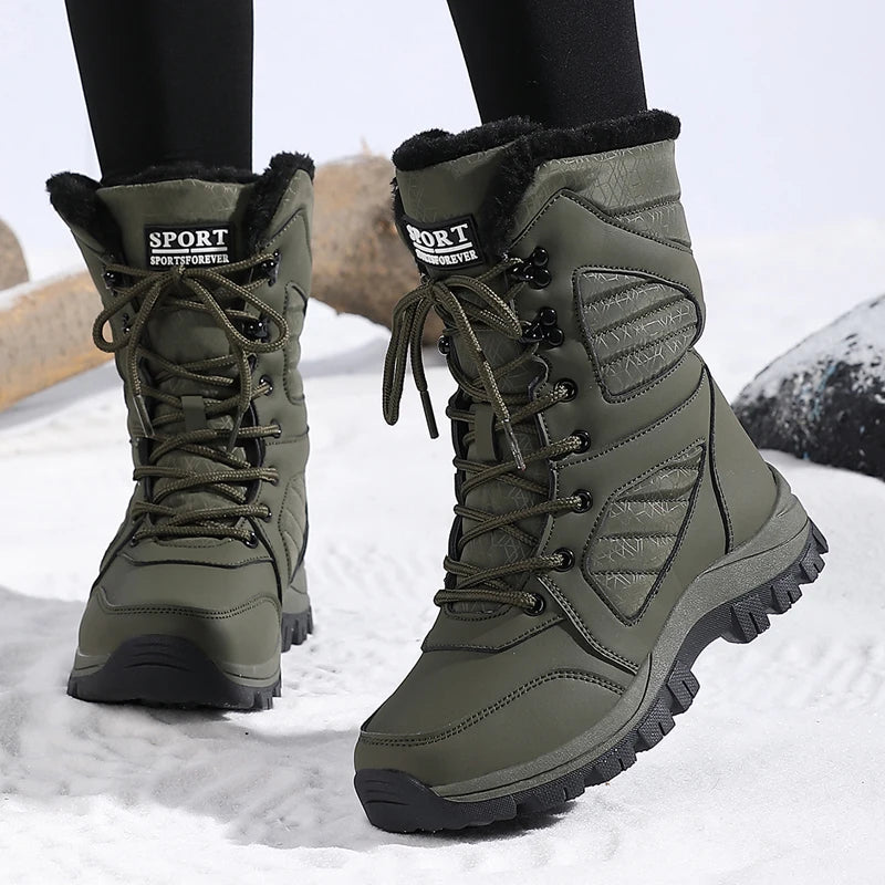 Bottes de neige à la mode pour femmes, design de couleur unie, style bout rond, couche extérieure en fibre ultra-fine, doublure en tissu, semelle en caoutchouc, t