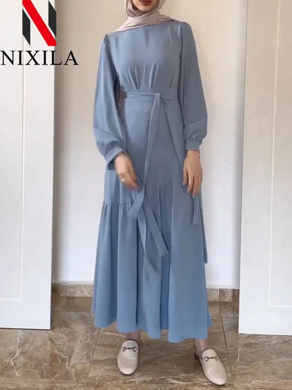 Women Eid Muslim Ensemble Two-Piece Set with Blouse And Skirt Islamic Kaftan Arab Casual Autumn Belted Ramadan Spliced Jalabiy