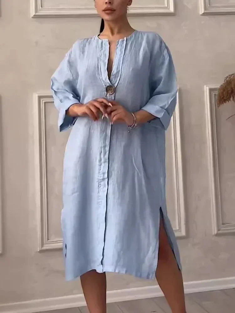 2024 Summer Fashion New Elegant Women's Cotton and Hemp Casual Long Sleeved V-neck Mid Length Commuter Style Solid Color Dress - DOGOMET DIGITAL PLUS