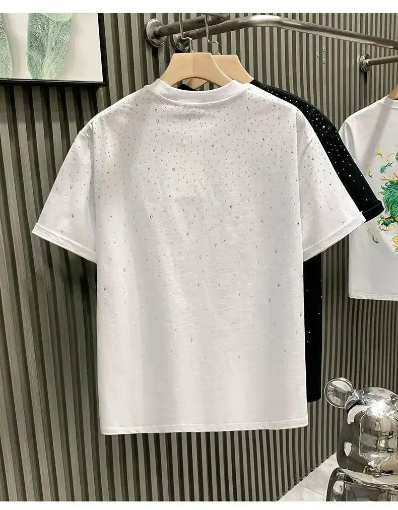Été strass Rivet T-shirt pour hommes vêtements col rond T-shirt style décontracté mode haute rue 2025 hommes été manches courtes